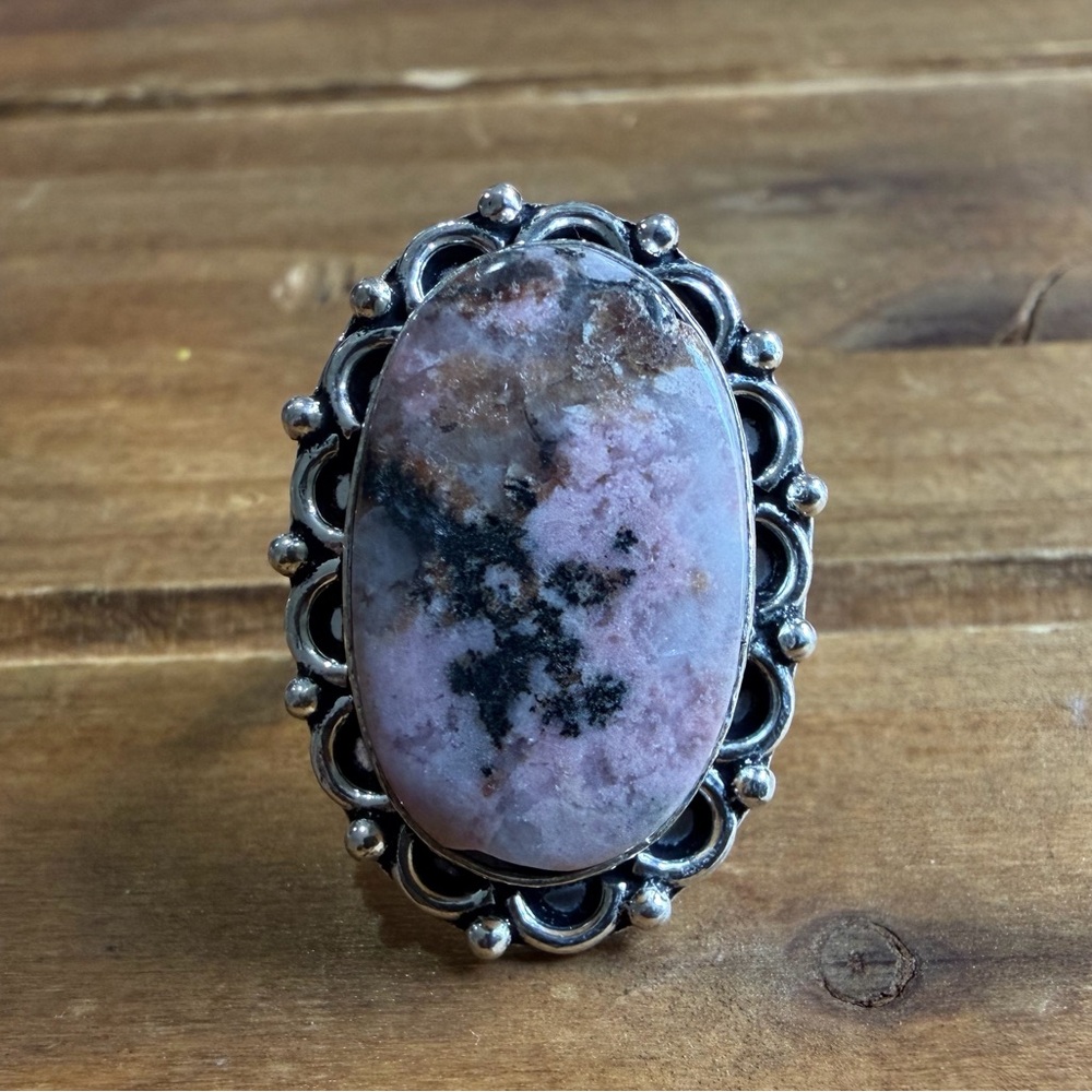 Vintage Style Genuine Dendritic Rhodonite Size Ring 6.5 Silver 925 Plated Boho